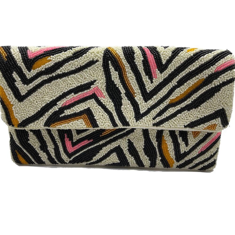 Zebra Print Pink & Gold Beaded Clutch | Handcrafted Artisan Evening Bag